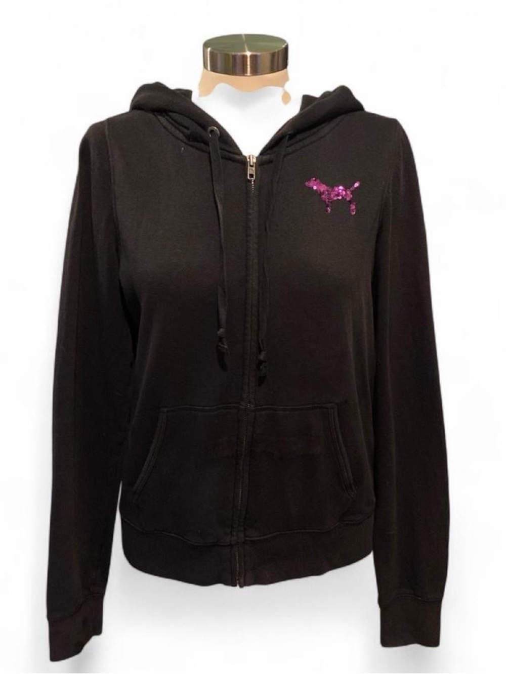 PINK Victoria's Secret Black Zip-Up Hoodie with Purple Sequin Dog Log